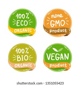 Vegan, healthy food illustrations set for cafe, restaurant badges, tags, packaging. Vector eco, organic, bio logos or stickers