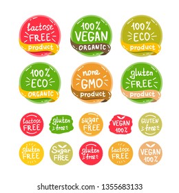 Vegan, healthy food illustrations set for cafe, restaurant badges, tags, packaging. Vector eco, organic, bio logos or stickers