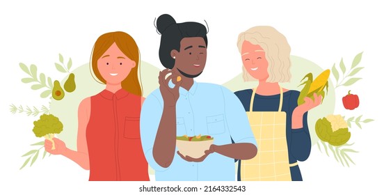 Vegan healthy lifestyle, food diet and nutrition. Cartoon young people holding vitamin vegetable ingredient and cooking, vegetarian tasty meal on plate flat vector illustration. Nourishment concept