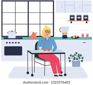 Vegan healthy lifestyle, food diet and nutrition. Cartoon young woman holding vitamin vegetable ingredient and cooking, vegetarian tasty meal on plate, sitting at table in kitchen. Nourishment concept