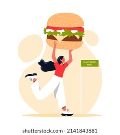 Vegan and healthy lifestyle. Girl with hamburger in her hands runs towards healthy food flag. Active lifestyle and sports, fitness and weight loss, proper nutrition. Cartoon flat vector illustration