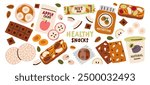 Vegan healthy snacks, vegetarian food, sweet desserts and fresh fruits vector illustration set. Energy nut bar, natural yogurt, nutbutter, diet chocolate and candy, tasty meal and delicious nutrition