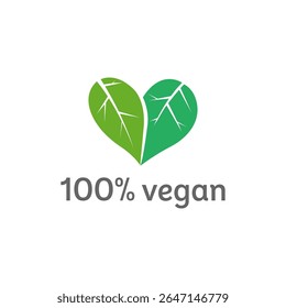 Vegan Heart Logo Green Leaves, 100 Vegan Symbol, PlantBased