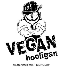 Vegan hooligan - owl. Vector illustration. T-shirt print. Eps 10