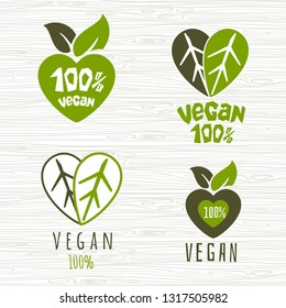 Vegan hundred percent logo fresh organic vegetarian sign green heart leaf leaves design element for stickers, product labels. Hand drawn vector illustration.