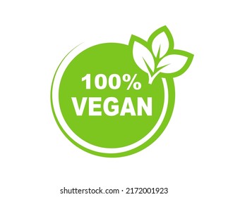 Vegan icon. 100% Vegan label. Vegan diet logo. Healthy, organic and natural product badge. Vector Illustration.