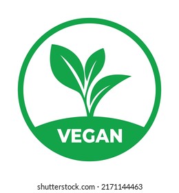Vegan icon badge design. Round green vector illustration with leaves for stickers, labels and logo