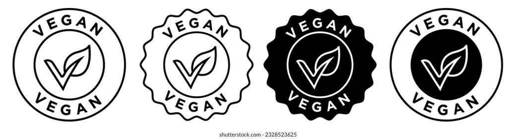 Vegan Icon Stil Emblem Vektorset Sammlung für Web-App ui Verwendung. Symbol für natürliche vegetarische Ernährung. Produktverpackungsaufkleber auf pflanzlicher Basis.  