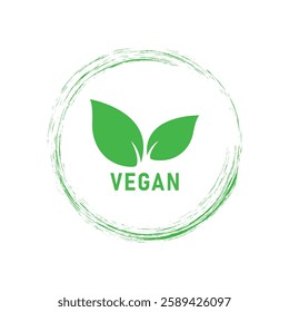 Vegan icon with green leaf on white background.