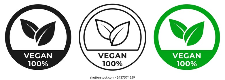 Vegan icon. Vegan illustration 100 sign. Vegetarian logo, badge, symbol, stamp, logo, logotype, sticker, emblem, mark or seal for product packaging.