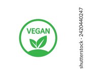 Vegan icon: Organic, bio, eco. Means veganism - without meat, lactose; emphasizes fresh, healthy, non-violent food. Round green vector with leaves, green earth; ideal for stickers, labels, logos.