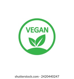 Vegan icon: Organic, bio, eco. Means veganism - without meat, lactose; emphasizes fresh, healthy, non-violent food. Round green vector with leaves, green earth; ideal for stickers, labels, logos.