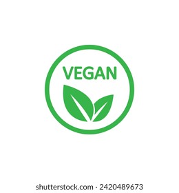 Vegan icon: Organic, bio, eco. Means veganism - without meat, lactose; emphasizes fresh, healthy, non-violent food. Round green vector with leaves, green color; ideal for stickers, labels, logos.