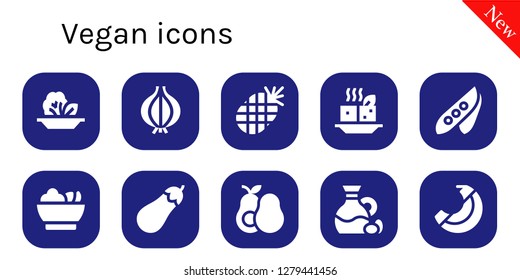  vegan icon set. 10 filled vegan icons. Simple modern icons about  - Salad, Onion, Pineapple, Tofu, Pea, Eggplant, Avocado, Olive, Banana