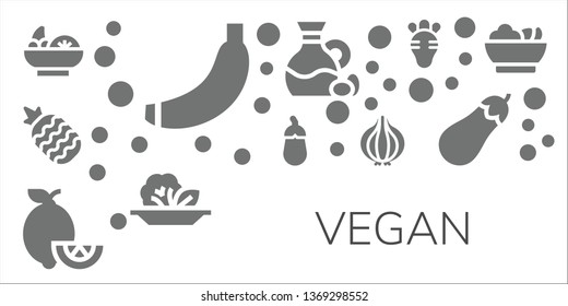 vegan icon set. 11 filled vegan icons.  Collection Of - Salad, Banana, Pineapple, Aubergine, Lemons, Onion, Olive, Radish, Eggplant