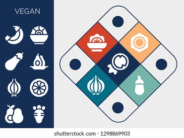  vegan icon set. 13 filled vegan icons. Simple modern icons about  - Coconut, Avocado, Radish, Onion, Mangosteen, Eggplant, Banana, Salad, Nut, Aubergine
