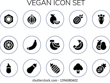 vegan icon set. 15 filled vegan icons.  Collection Of - Nut, Mangosteen, Onion, Banana, Lemons, Bananas, Pineapple, Radish, Avocado, Aubergine, Eggplant, Broccoli