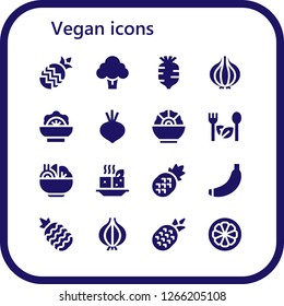  vegan icon set. 16 filled vegan icons. Simple modern icons about  - Pineapple, Broccoli, Radish, Onion, Salad, Beet, Tofu, Banana, Mangosteen