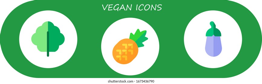 vegan icon set. 3 flat vegan icons.  Simple modern icons such as: lettuce, pineapple, aubergine