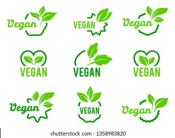 Vegan icon. Set of badges, emblems and stamps vector. Abstract leaf set isolated on white background.