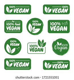 Vegan icon set. Bio, Ecology, Organic logos and badges, label, tag. Green leaf on white background. Vector illustration.