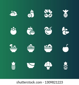 vegan icon set. Collection of 16 filled vegan icons included Pineapple, Broccoli, Salad, Coconut, Banana, Mangosteen, Nuts, Aubergine, Potato
