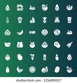 vegan icon set. Collection of 36 filled vegan icons included Salad, Potato, Coconut, Cucumber, Banana, Eggplant, Avocado, Aubergine, Pineapple, Mangosteen, Cabbage, Kanji vadas