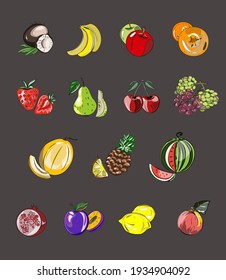 Vegan icon set with fruits and berries. Strawberries, cherries, plums, grapes, banana, watermelon, melon, peach, apple, pear, pineapple, pomegranate, coconut. Proper nutrition. Isolated vector objects