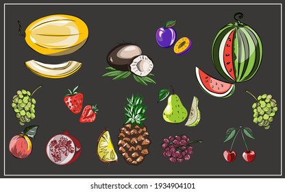 Vegan icon set with fruits and berries. Strawberries, cherries, plums, grapes, banana, watermelon, melon, peach, apple, pear, pineapple, pomegranate, coconut. Proper nutrition. Isolated vector objects