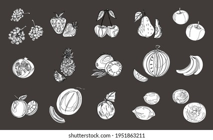 Vegan icon set with fruits and berries. Strawberries, cherries, plums, grapes, banana, watermelon, melon, peach, apple, pear, pineapple, pomegranate, coconut. Proper nutrition. Isolated vector objects