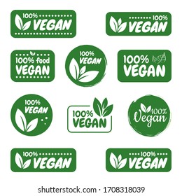 Vegan icon set. Vegan logos and badges, label, tag. Green leaf on white background. Vector illustration.