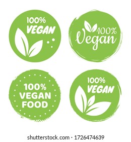 Vegan icon set logos and badges, label, tag. Green leaf on white background. Vector illustration.