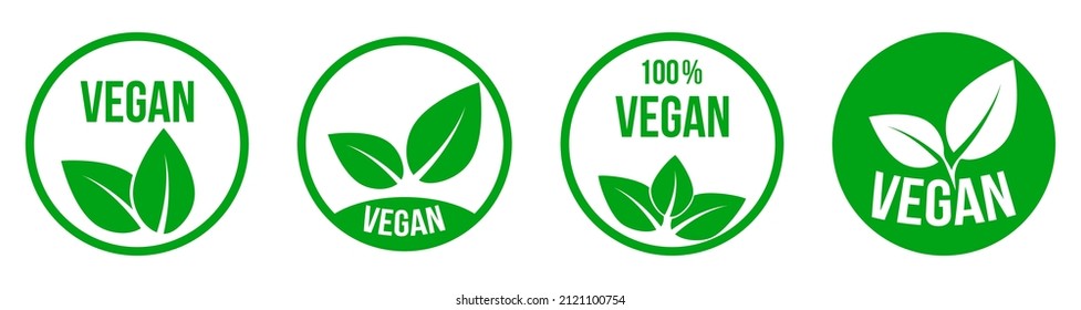 Vegan icon set. Organic, bio, eco symbols. Vegan food sign with leaves. Vector illustration isolated on white background
