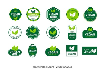 Vegan icon set. Organic logos and badges. Green leaf on white background. Vector illustration