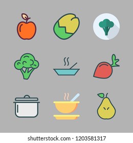 vegan icon set. vector set about radish, broccoli, apple and soup icons set.