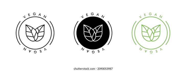 Veganisches Symbol gesetzt. Veganisches Vektorsymbol. Bio, Ökologie, Bio-Logos und -Abzeichen, Label, Anhänger. Vegan, kein Fleisch, laktosefreie, gesunde, frische und gewaltfreie Lebensmittel. Runde grüne Vektorgrafik