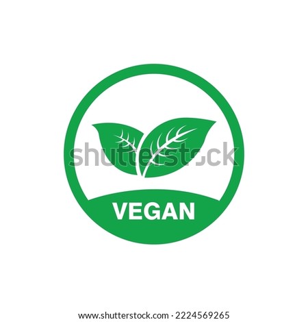 Vegan icon vector. Organic, bio, eco symbol. Vegan, no meat, lactose free, healthy, fresh and non-violent food. Green round vector illustration with leaves for stickers, labels and logos