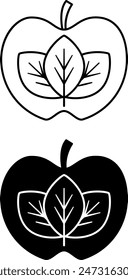 Vegan icons. Black and White Vector Icons of Young Leaves Inside an Apple. Healthy Eating. Natural and Organic products. Healthy Lifestyle Concept