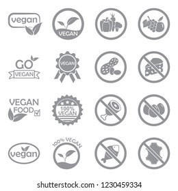 Vegan Icons. Gray Flat Design. Vector Illustration. 