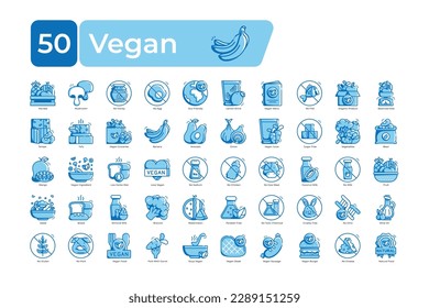 Vegan Icons Pack. blue outline color style. clean and simple vector icons