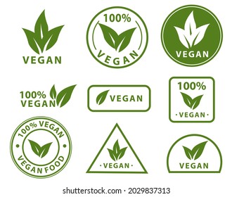 Vegan icons set. illustration of Bio, Ecology, nature, Organic logos and badges, label, tag. Green leaf on white background. Vector. easy to edit adn change color