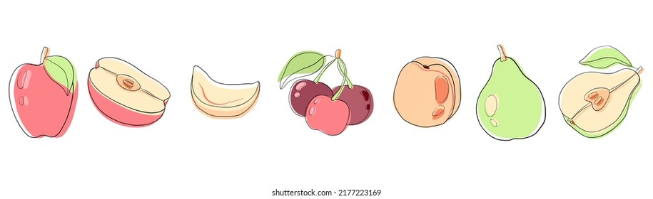 Cocina vega de manzana extraída a mano, frutas orgánicas o comida vegetariana. Conjunto de ilustraciones de iconos aislados de vectores