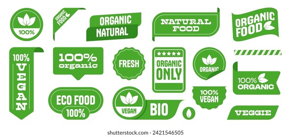 Etiquetas veganas. Productos ecológicos de comida vegetariana, símbolos de concepto de veganismo natural, íconos vegetales frescos de granja orgánicos. Conjunto aislado de vectores. Insignias verdes para envases con ingredientes biológicos