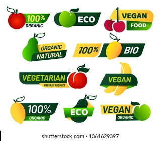 Vegan labels. Green eco food, healthy fresh organic products and vegetarian emblem label. Vegans label, natural food sticker or eco veganism badge. Vector isolated icons set