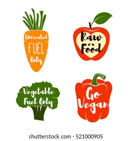 Vegan Labels set. - Cocept. doodle - Sweet Pepper. Red Apple. Green Broccoli. Carrot. Vector Illustration Isolated Emblems