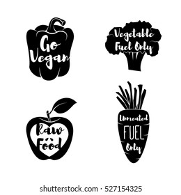 Vegan Labels set. - Cocept. doodle - Sweet Pepper. Red Apple. Green Broccoli. Carrot. Vector Illustration Isolated Emblems 