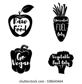 Vegan Labels set. - Cocept. doodle - Sweet Pepper. Red Apple. Green Broccoli. Carrot. Vector Illustration Isolated Emblems