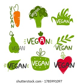 Vegan labels set. Label and badge templates. Collection of emblems and stamps. Organic vegetable food emblem, ecology product promotion healthy market, hand drawn cartoon vector illustration