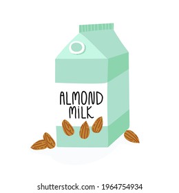 Vegan lactose free almond nut milk in a carton box pack with lettering. Vector cartoon style isolated illustration.