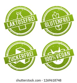 Vegan, lactose free, gluten free and sugar free badges - German-Translation: Vegan, Glutenfrei, Laktosefrei und Zuckerfrei.